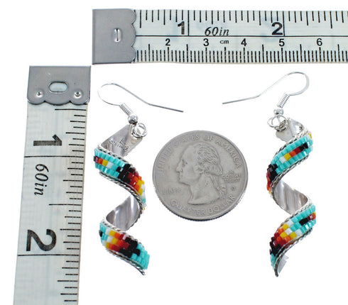 Multicolor Sterling Silver Native American Spiral Beaded Hook Dangle Earrings AX127624
